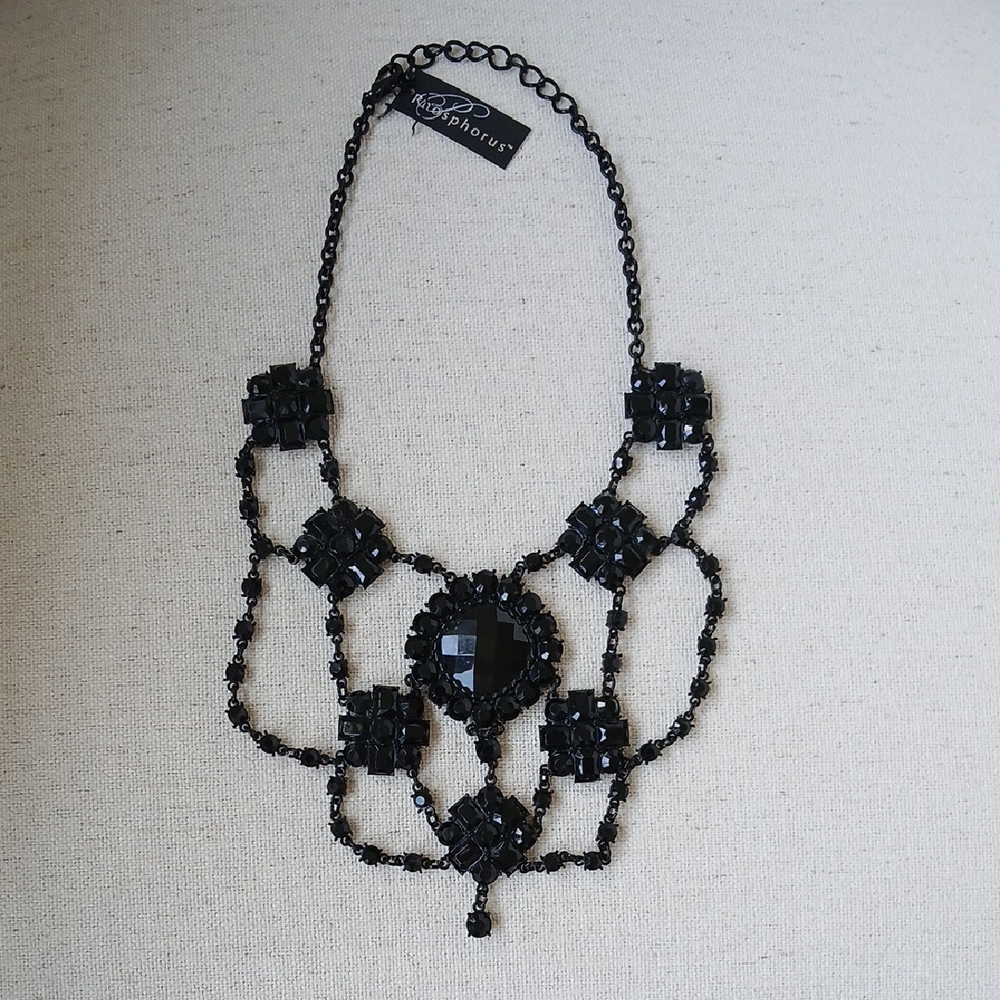 Phosphorus Brand Black Faceted Beaded Bib Necklace 16" NWT Vintage 1990s